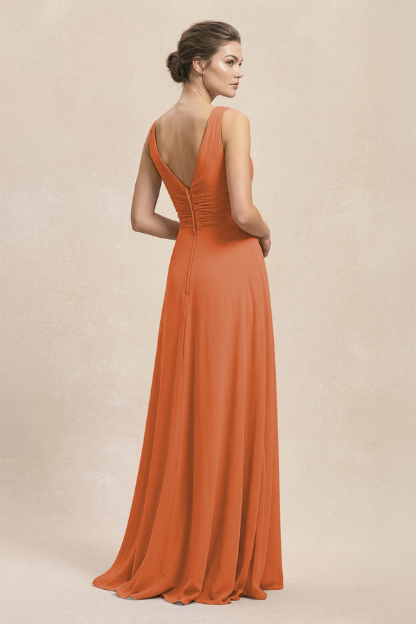 V - Neck Ruffled Ruched Chiffon A - Line Bridesmaid Dress in Terracotta - KissProm Bridesmaid Dresses