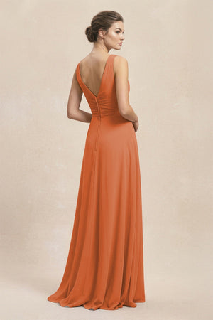 V - Neck Ruffled Ruched Chiffon A - Line Bridesmaid Dress in Terracotta - KissProm Bridesmaid Dresses