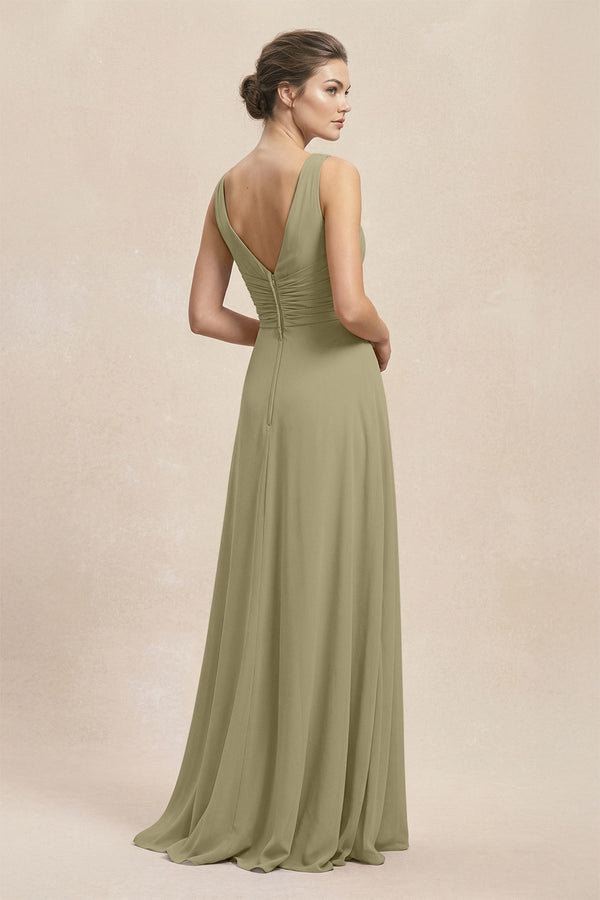 V - Neck Ruffled Ruched Chiffon A - Line Bridesmaid Dress in Thyme - KissProm Bridesmaid Dresses