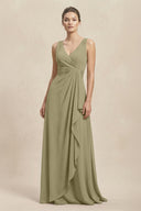 V - Neck Ruffled Ruched Chiffon A - Line Bridesmaid Dress in Thyme - KissProm Bridesmaid Dresses