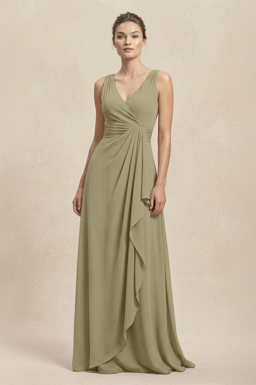 V - Neck Ruffled Ruched Chiffon A - Line Bridesmaid Dress in Thyme - KissProm Bridesmaid Dresses
