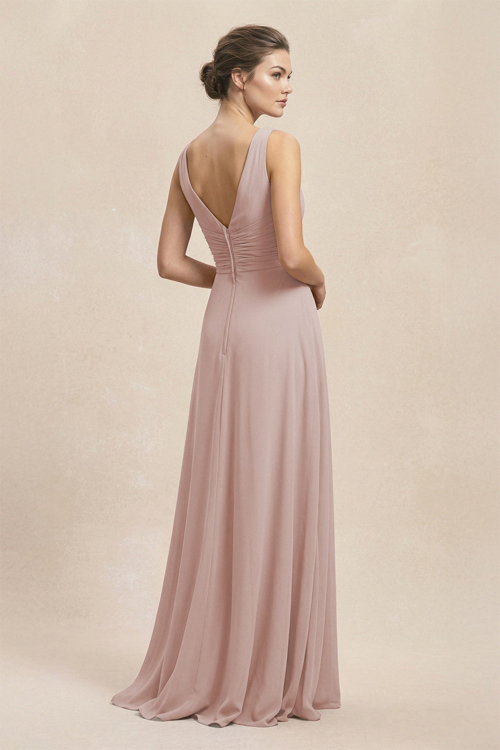 V - Neck Ruffled Ruched Chiffon A - Line Bridesmaid Dress in Toffee - KissProm Bridesmaid Dresses