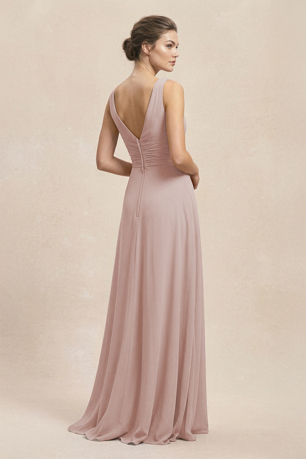 V - Neck Ruffled Ruched Chiffon A - Line Bridesmaid Dress in Toffee - KissProm Bridesmaid Dresses