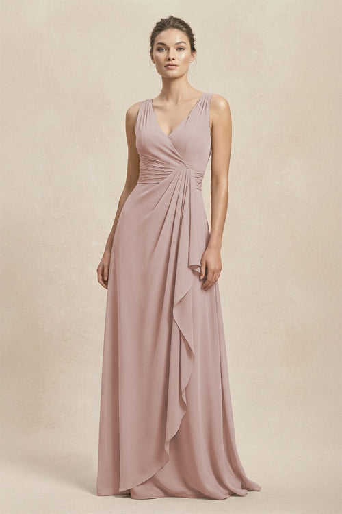 V - Neck Ruffled Ruched Chiffon A - Line Bridesmaid Dress in Toffee - KissProm Bridesmaid Dresses