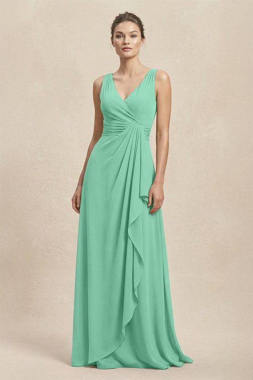 V - Neck Ruffled Ruched Chiffon A - Line Bridesmaid Dress in Turquoise - KissProm Bridesmaid Dresses