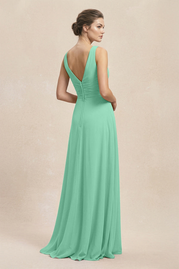 V - Neck Ruffled Ruched Chiffon A - Line Bridesmaid Dress in Turquoise - KissProm Bridesmaid Dresses