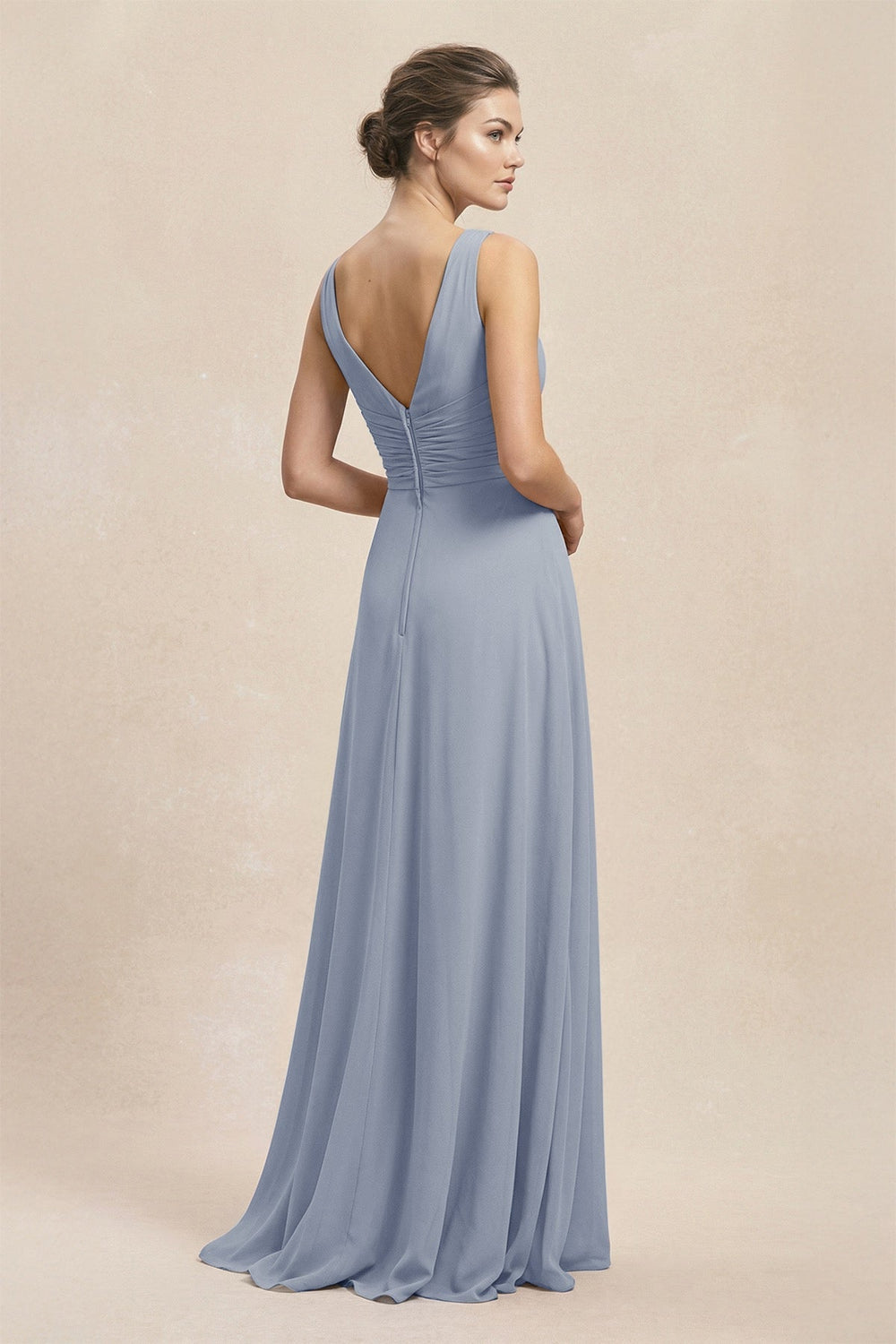 V - Neck Ruffled Ruched Chiffon A - Line Bridesmaid Dress in Twilight - KissProm Bridesmaid Dresses