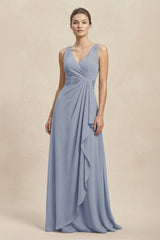 V - Neck Ruffled Ruched Chiffon A - Line Bridesmaid Dress in Twilight - KissProm Bridesmaid Dresses