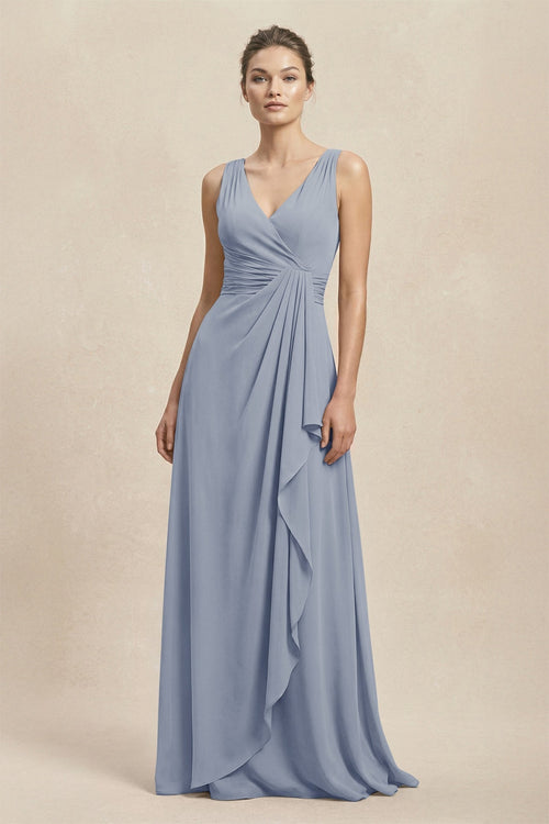 V - Neck Ruffled Ruched Chiffon A - Line Bridesmaid Dress in Twilight - KissProm Bridesmaid Dresses