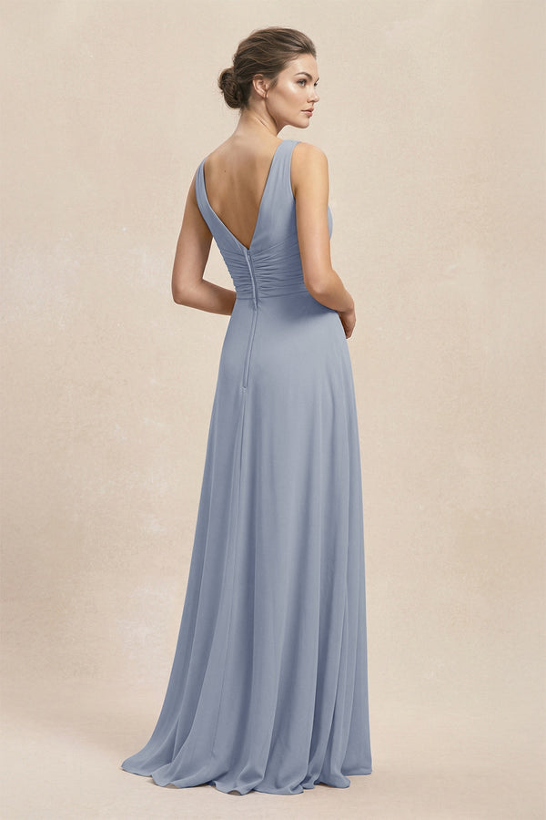 V - Neck Ruffled Ruched Chiffon A - Line Bridesmaid Dress in Twilight - KissProm Bridesmaid Dresses