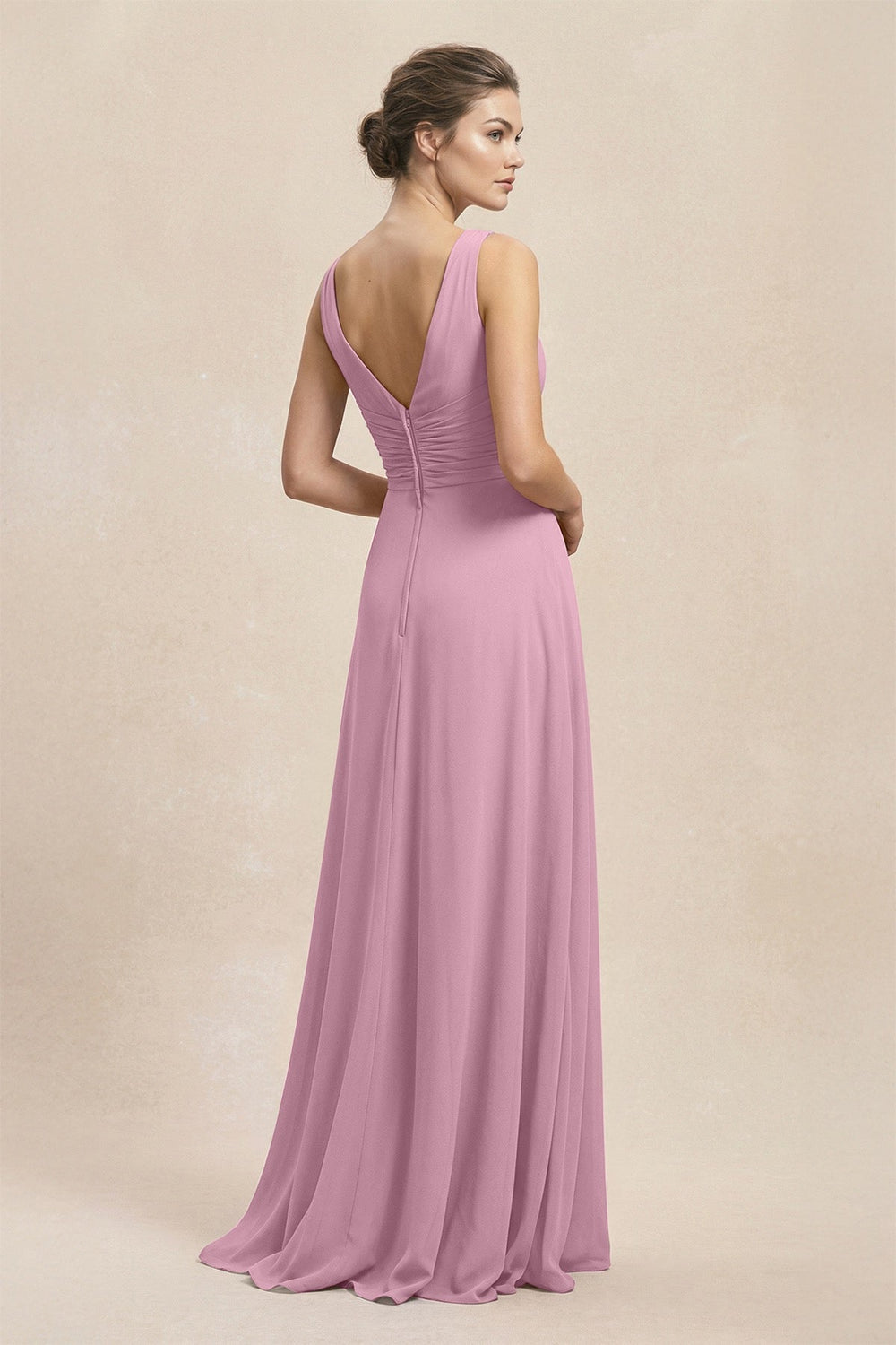 V - Neck Ruffled Ruched Chiffon A - Line Bridesmaid Dress in Vintage Mauve - KissProm Bridesmaid Dresses