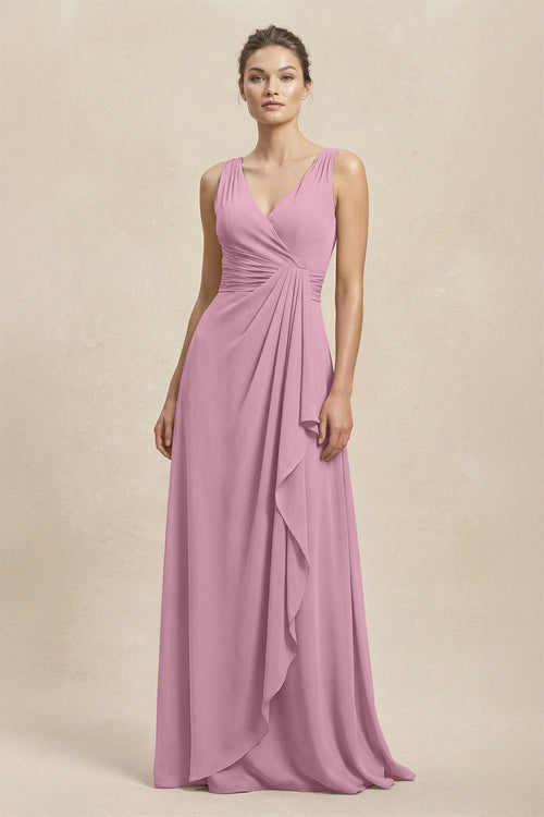 V - Neck Ruffled Ruched Chiffon A - Line Bridesmaid Dress in Vintage Mauve - KissProm Bridesmaid Dresses