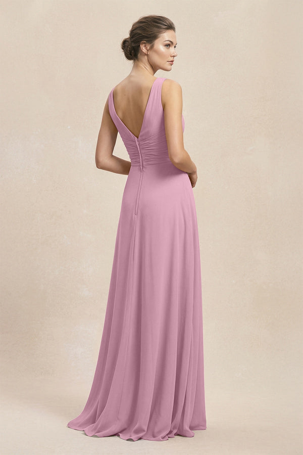 V - Neck Ruffled Ruched Chiffon A - Line Bridesmaid Dress in Vintage Mauve - KissProm Bridesmaid Dresses