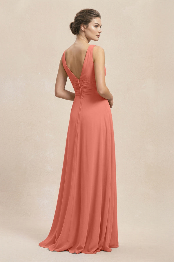 V - Neck Ruffled Ruched Chiffon A - Line Bridesmaid Dress in Wild Rose - KissProm Bridesmaid Dresses