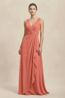 V - Neck Ruffled Ruched Chiffon A - Line Bridesmaid Dress in Wild Rose - KissProm Bridesmaid Dresses