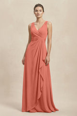 V - Neck Ruffled Ruched Chiffon A - Line Bridesmaid Dress in Wild Rose - KissProm Bridesmaid Dresses