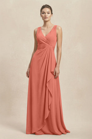V - Neck Ruffled Ruched Chiffon A - Line Bridesmaid Dress in Wild Rose - KissProm Bridesmaid Dresses