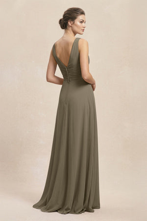 V - Neck Ruffled Ruched Chiffon A - Line Bridesmaid Dress in Willow Green - KissProm Bridesmaid Dresses