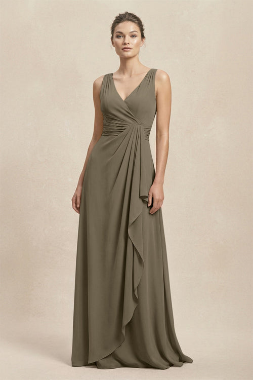 V - Neck Ruffled Ruched Chiffon A - Line Bridesmaid Dress in Willow Green - KissProm Bridesmaid Dresses