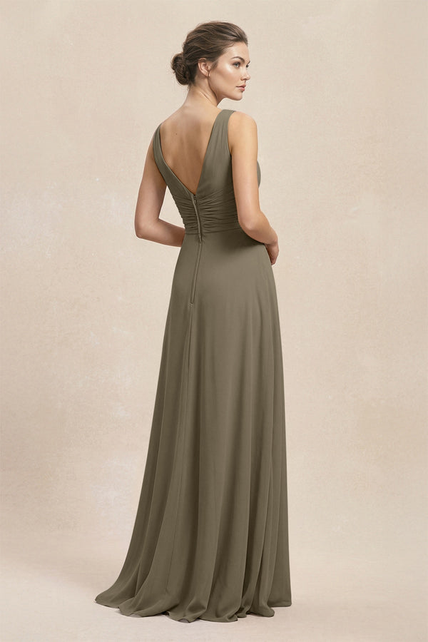 V - Neck Ruffled Ruched Chiffon A - Line Bridesmaid Dress in Willow Green - KissProm Bridesmaid Dresses