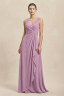 V - Neck Ruffled Ruched Chiffon A - Line Bridesmaid Dress in Wisteria - KissProm Bridesmaid Dresses