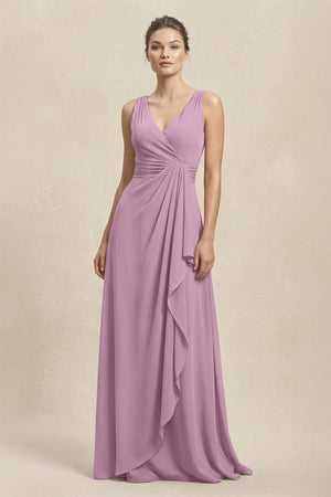 V - Neck Ruffled Ruched Chiffon A - Line Bridesmaid Dress in Wisteria - KissProm Bridesmaid Dresses