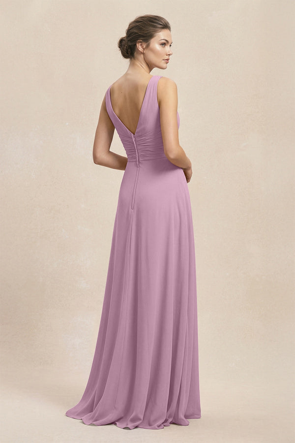V - Neck Ruffled Ruched Chiffon A - Line Bridesmaid Dress in Wisteria - KissProm Bridesmaid Dresses