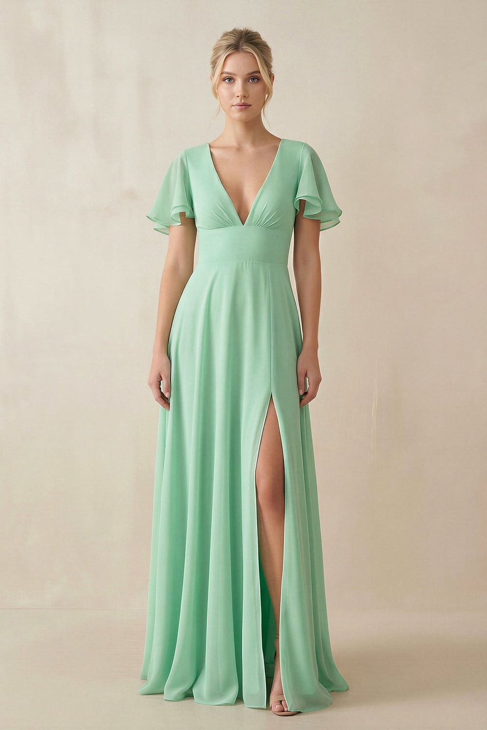 V-Neck Ruffled Short Sleeves A-Line Bridesmaid Dress in Pale Pistachio - KissProm BRIDESMAID DRESSES