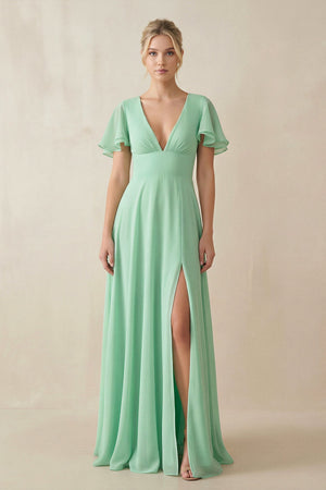 V-Neck Ruffled Short Sleeves A-Line Bridesmaid Dress in Pale Pistachio - KissProm BRIDESMAID DRESSES