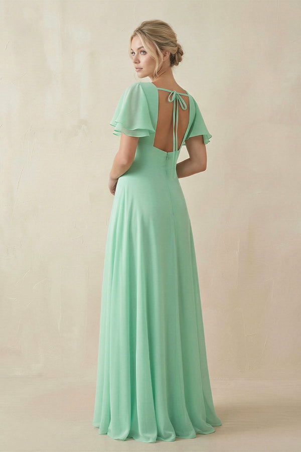 KissProm V-Neck Ruffled Short Sleeves A-Line Bridesmaid Dress in Pale Pistachio, Pale Pistachio / 12