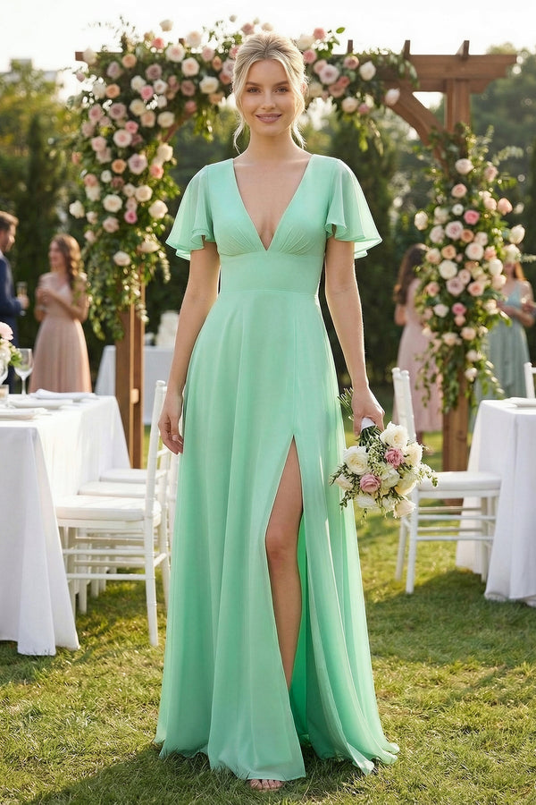 KissProm V-Neck Ruffled Short Sleeves A-Line Bridesmaid Dress in Pale Pistachio, Pale Pistachio / 12