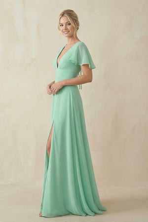 V-Neck Ruffled Short Sleeves A-Line Bridesmaid Dress in Pale Pistachio - KissProm BRIDESMAID DRESSES