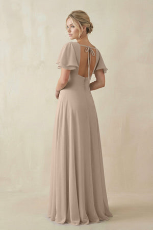 V - Neck Ruffled Short Sleeves A - Line Bridesmaid Dress in Almond - KissProm Bridesmaid Dresses