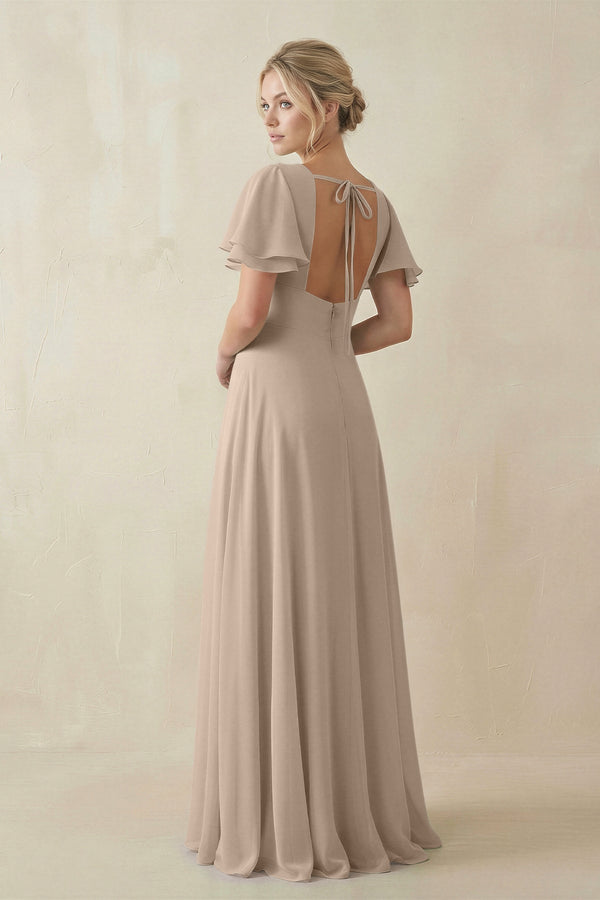 V - Neck Ruffled Short Sleeves A - Line Bridesmaid Dress in Almond - KissProm Bridesmaid Dresses