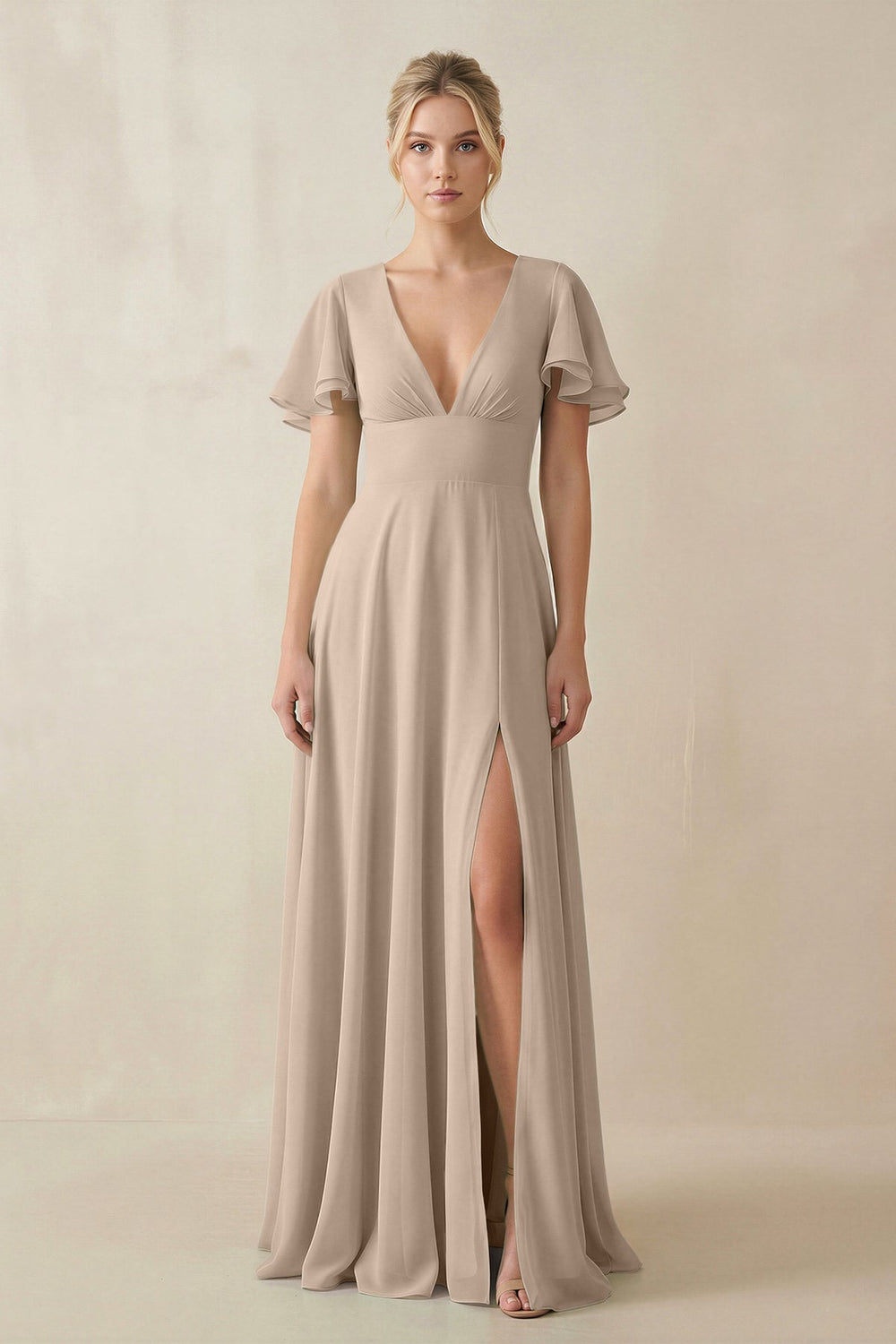 V - Neck Ruffled Short Sleeves A - Line Bridesmaid Dress in Almond - KissProm Bridesmaid Dresses