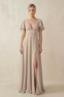 V - Neck Ruffled Short Sleeves A - Line Bridesmaid Dress in Almond - KissProm Bridesmaid Dresses