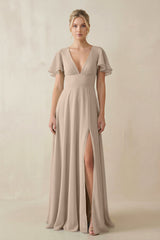 V - Neck Ruffled Short Sleeves A - Line Bridesmaid Dress in Almond - KissProm Bridesmaid Dresses