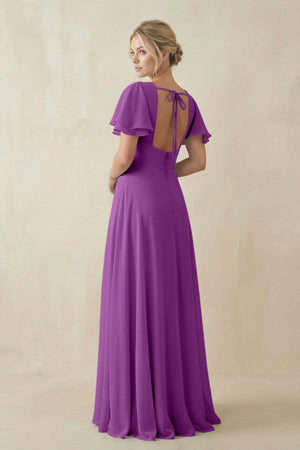 V - Neck Ruffled Short Sleeves A - Line Bridesmaid Dress in Amethyst - KissProm Bridesmaid Dresses