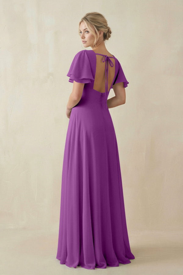 V - Neck Ruffled Short Sleeves A - Line Bridesmaid Dress in Amethyst - KissProm Bridesmaid Dresses