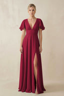 V - Neck Ruffled Short Sleeves A - Line Bridesmaid Dress in Berry - KissProm Bridesmaid Dresses