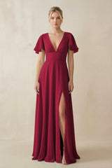 V - Neck Ruffled Short Sleeves A - Line Bridesmaid Dress in Berry - KissProm Bridesmaid Dresses