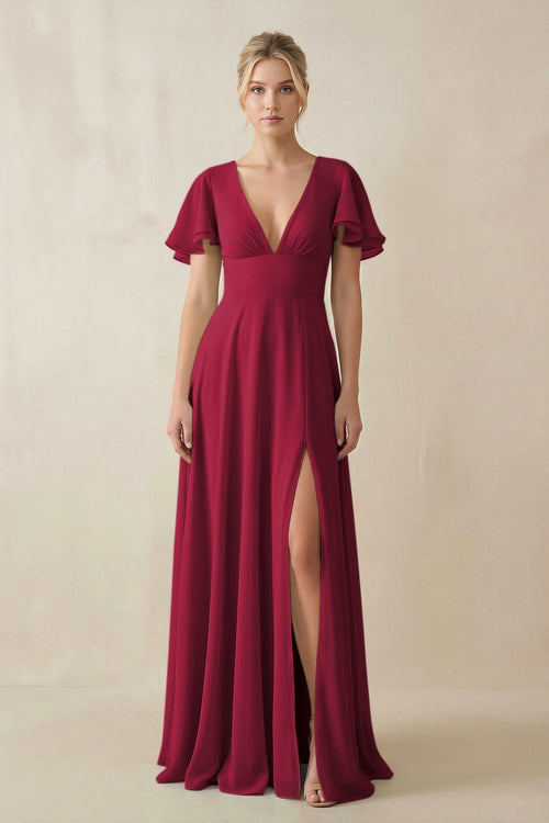 V - Neck Ruffled Short Sleeves A - Line Bridesmaid Dress in Berry - KissProm Bridesmaid Dresses