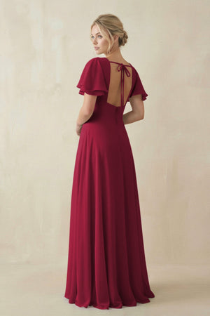V - Neck Ruffled Short Sleeves A - Line Bridesmaid Dress in Berry - KissProm Bridesmaid Dresses