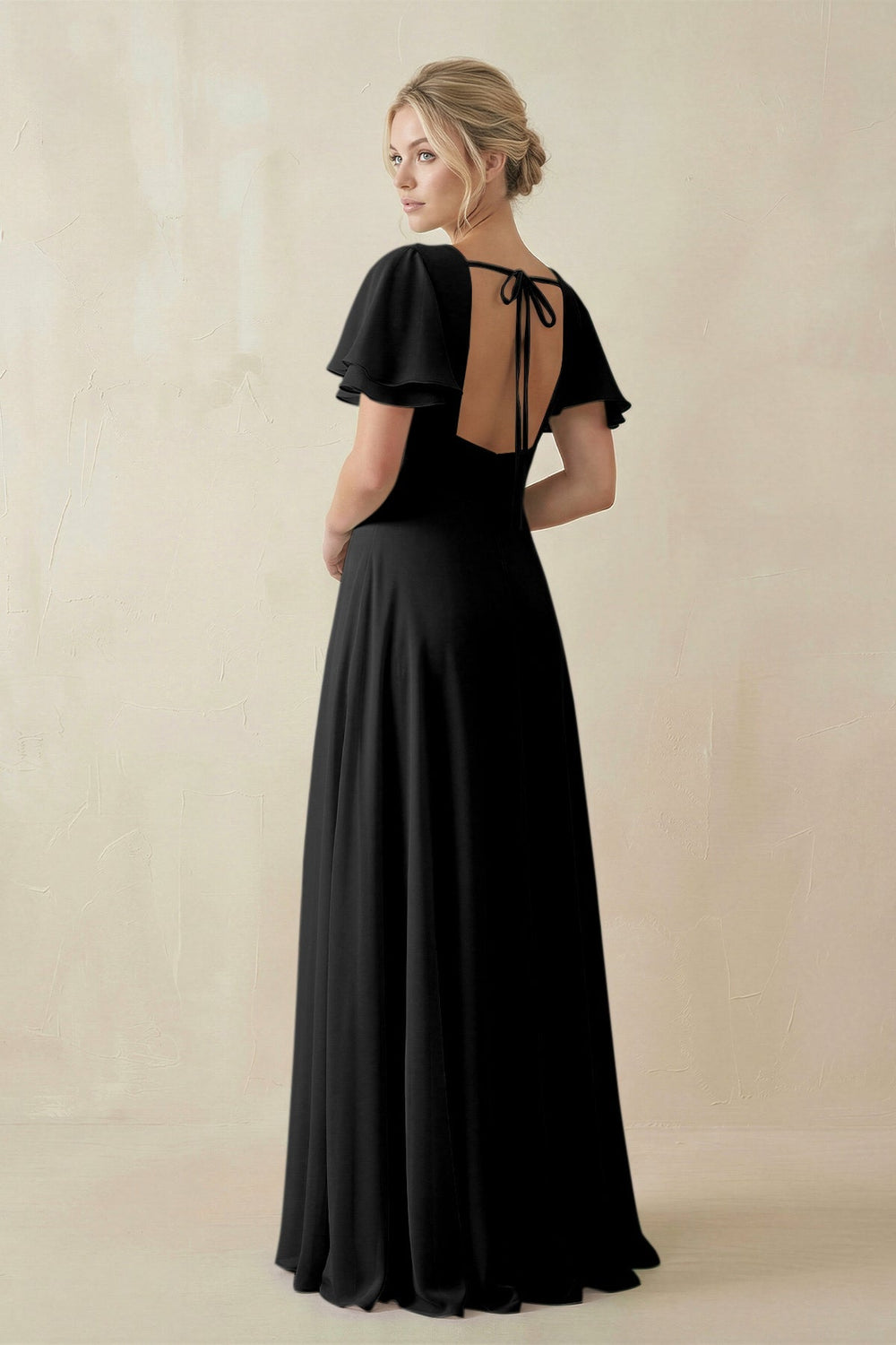 V - Neck Ruffled Short Sleeves A - Line Bridesmaid Dress in Black - KissProm Bridesmaid Dresses