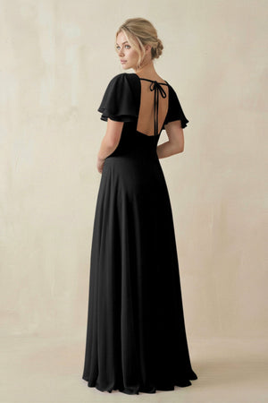 V - Neck Ruffled Short Sleeves A - Line Bridesmaid Dress in Black - KissProm Bridesmaid Dresses