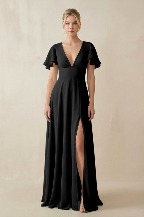 KissProm V-Neck Ruffled Short Sleeves A-Line Bridesmaid Dress in Black, Black / 28