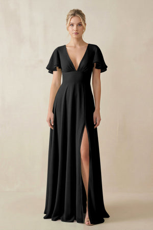 V - Neck Ruffled Short Sleeves A - Line Bridesmaid Dress in Black - KissProm Bridesmaid Dresses