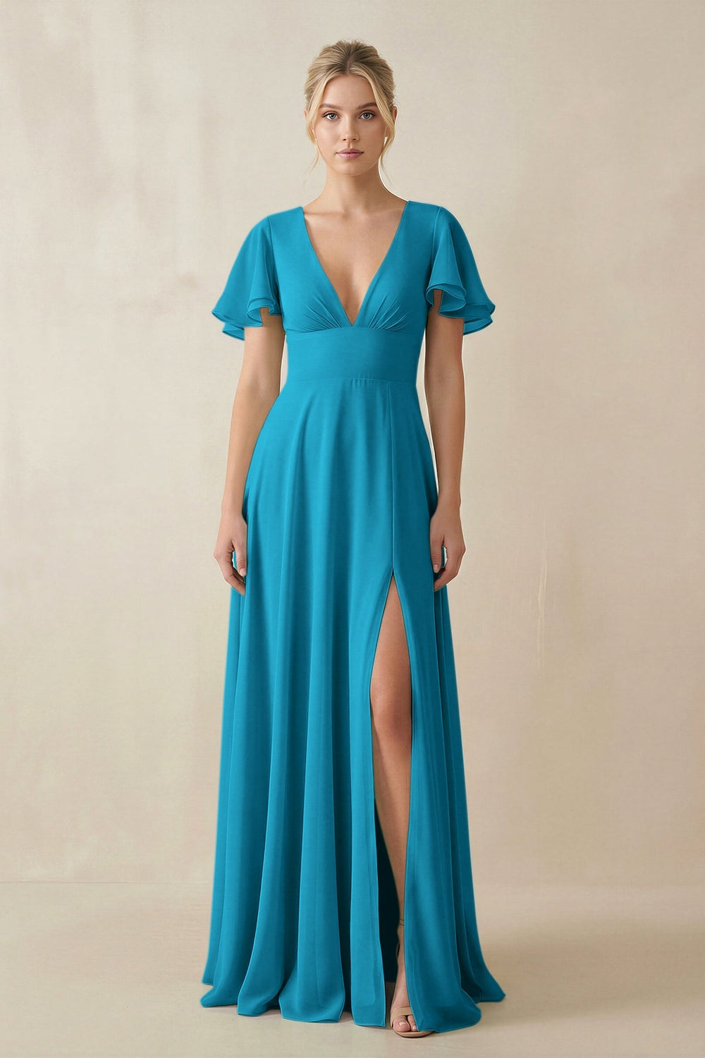 V - Neck Ruffled Short Sleeves A - Line Bridesmaid Dress in Blue Jay - KissProm Bridesmaid Dresses