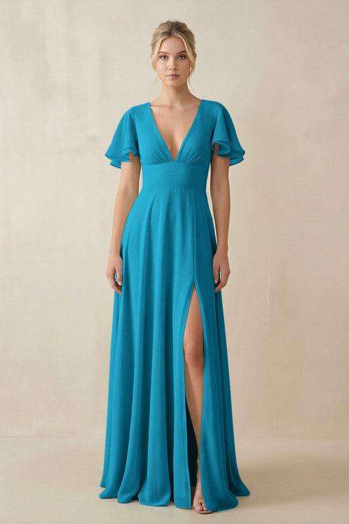 V - Neck Ruffled Short Sleeves A - Line Bridesmaid Dress in Blue Jay - KissProm Bridesmaid Dresses