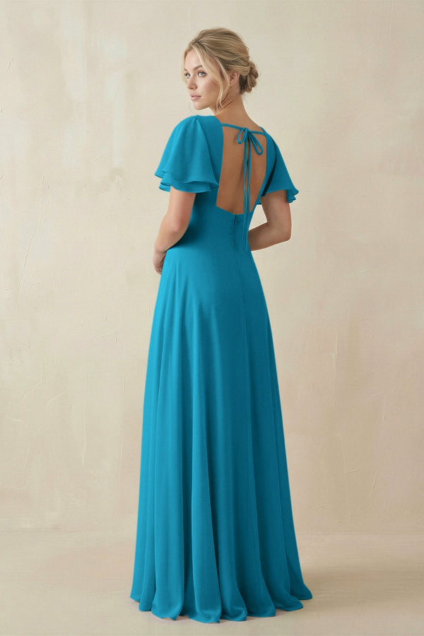V - Neck Ruffled Short Sleeves A - Line Bridesmaid Dress in Blue Jay - KissProm Bridesmaid Dresses